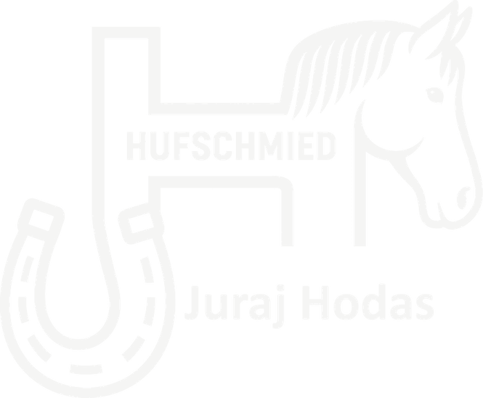 Logo Hufschmied Juraj Hodas: Hufeisen, Pferdekopf und Schriftzug